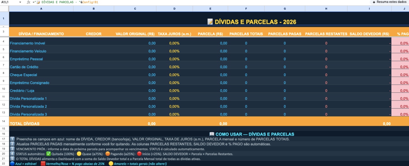 Aba de dívidas e parcelas